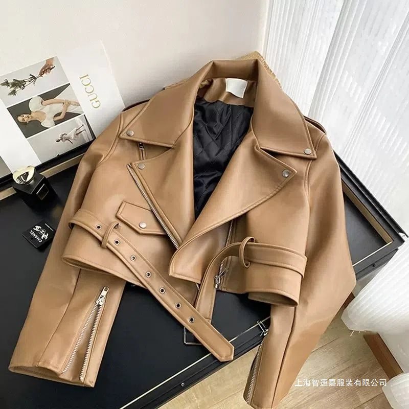 European and American Leather Jacket Women's Short Spring & Fall 2025 New Slim Fit Motorcycle Jacket Brown Jacket Autumn and Winter Clothing