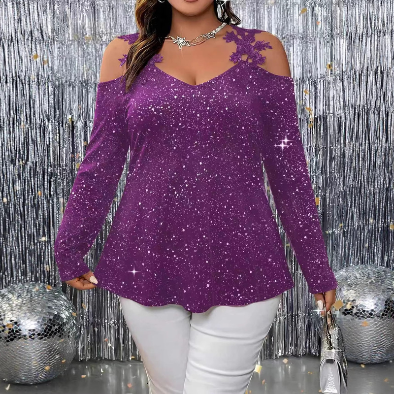 2026 Spring European and American Plus-Size Women's Clothing, Elegant and Sexy Style, Long-Sleeve Shoulder Flower V-Neck Gold-Stamped Top
