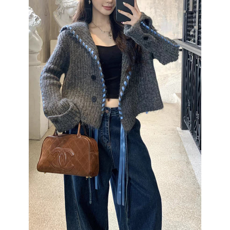 Ys Autumn and Winter Japanese and Korean Casual Handmade Webbing Loose Knitted Cardigan Jacket Women's Large Lapel High-End Long-Sleeved Sweater