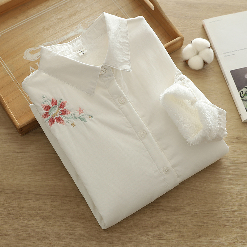 韩版新款刺绣石榴花加绒加厚女士开衫冬季保暖衬衫批发潮