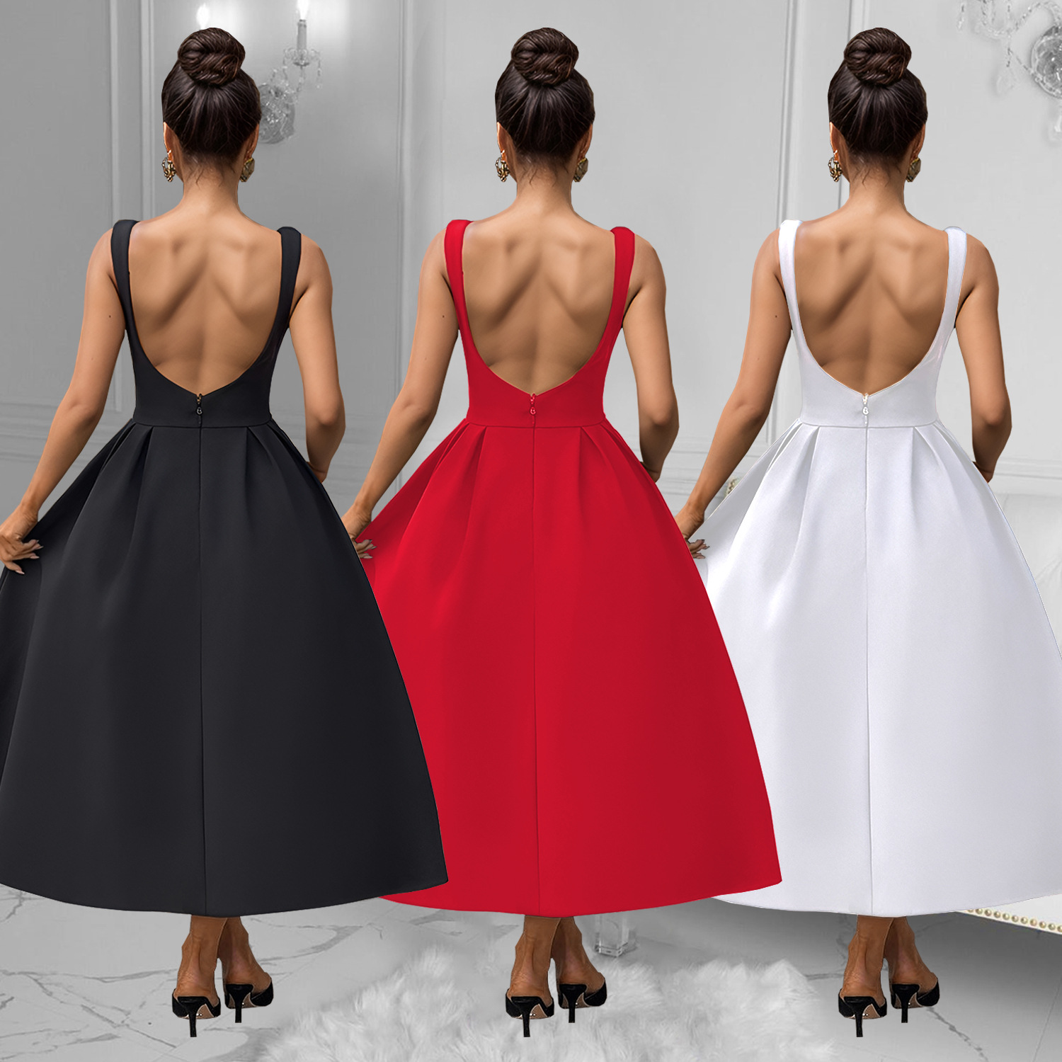 C7145 Aliexpress transfronterizo Amazon Europa y América de moda de mujer retro francés sin mangas vestido largo
