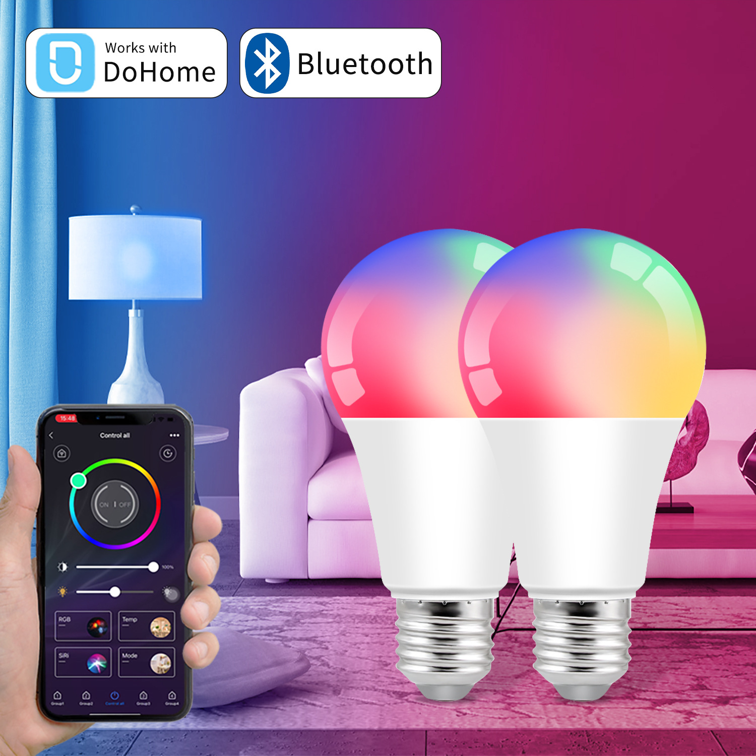 Wifi bombilla inteligente Alexa control de voz soporte RGB5-way atenuación color A19 bombilla vida inteligente