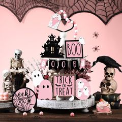 ハロウィンレイヤードトレイ装飾セットかわいいゴーストトレイ装飾ピンクハロウィン装飾装飾品卸売