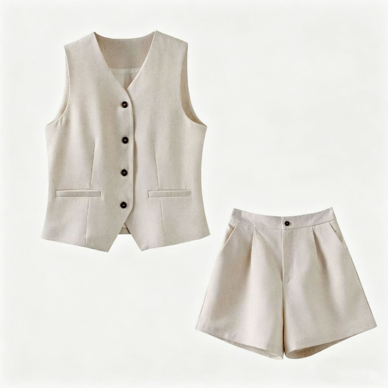 Summer Women's Fashion Set, Old Money Style, Casual V-Neck Thin Linen Vest and Shorts Two-Piece Set for Petite Sizes, Sleeveless Summer Women's Fashion Set, Old Money Style, Casual V-Neck Thin Linen Vest and Shorts Two-Piece Set for Petite Sizes, Sleeveless