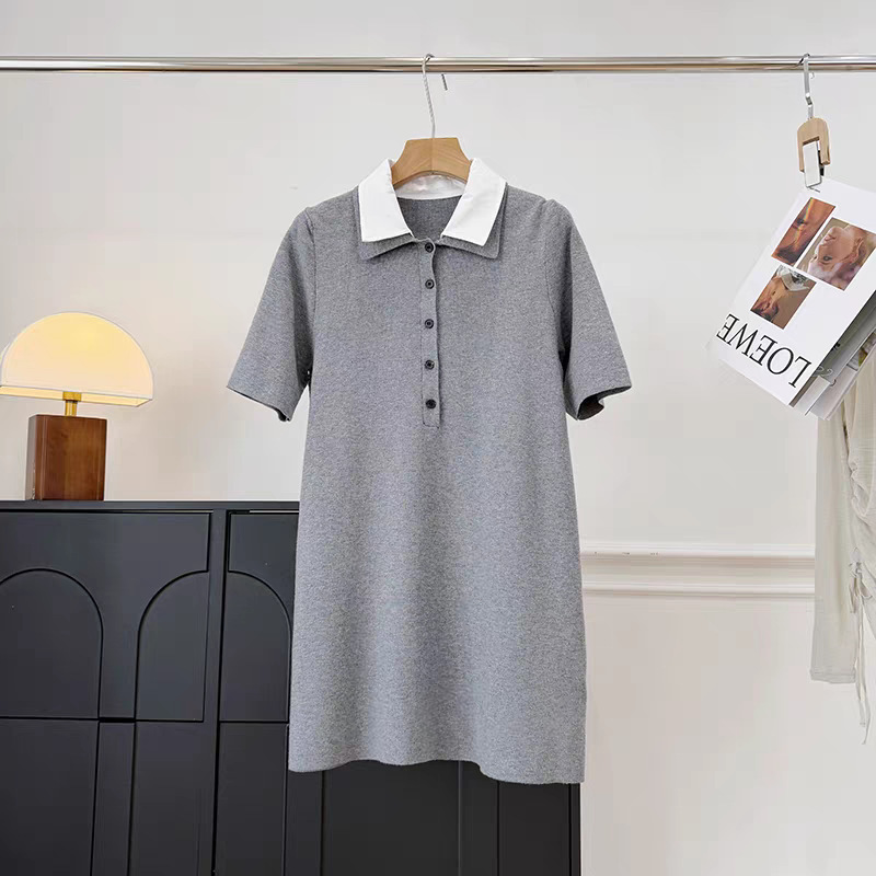 Nordic Niche! Casual Style Double-Layer Color-Blocking Polo Dress, Slightly Loose Short-Sleeve Knit Dress for Women in Summer Nordic Niche! Casual Style Double-Layer Color-Blocking Polo Dress, Slightly Loose Short-Sleeve Knit Dress for Women in Summer