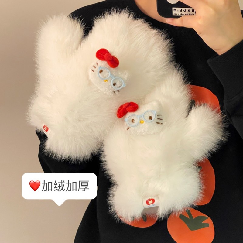 新款可爱猫咪保暖手套女冬季加绒加厚骑车保暖防寒防风连指挂脖|undefined