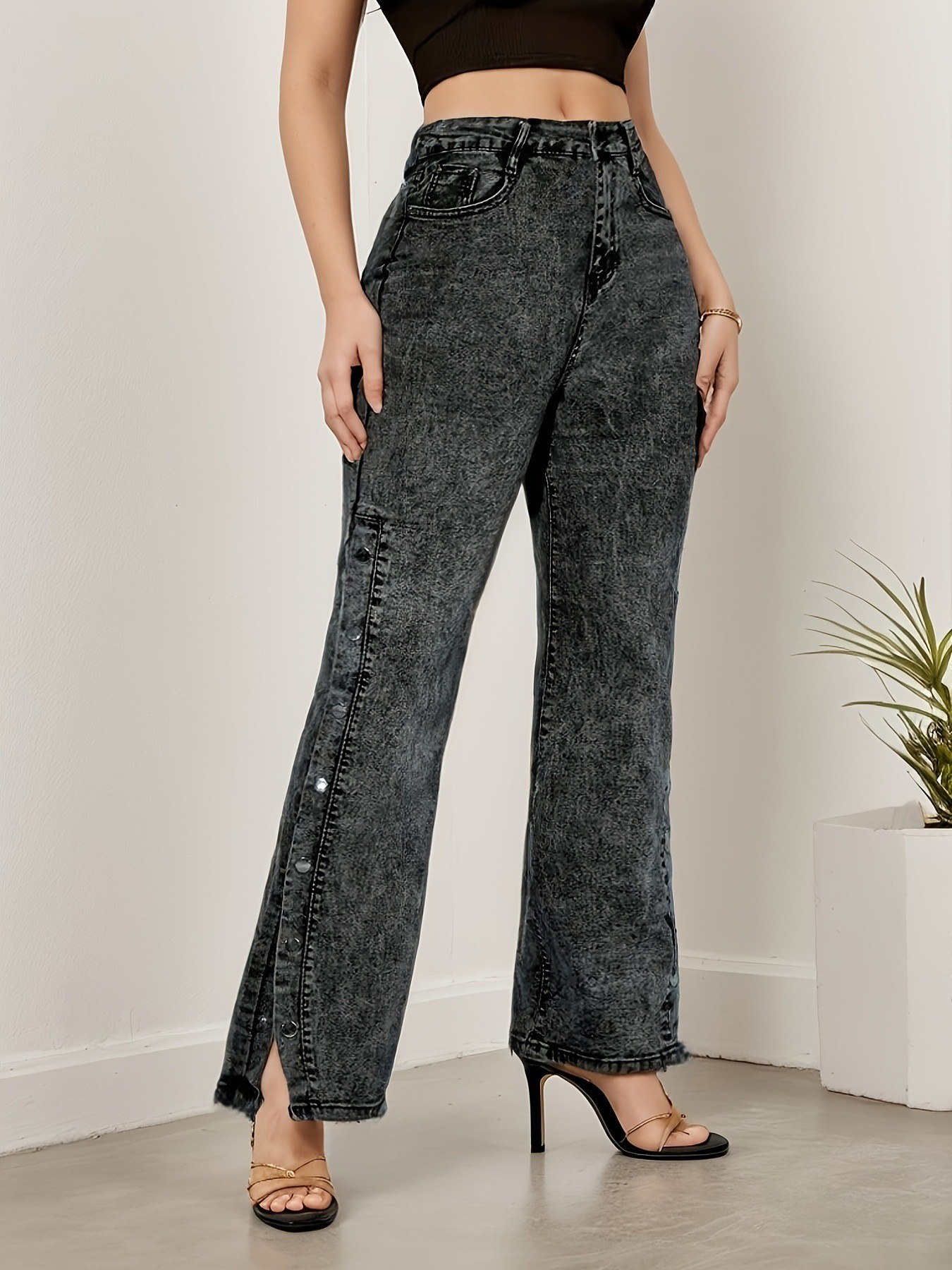 Suministro transfronterizo comercio exterior europeo y americano clásico retro cintura media abertura elástica múltiples botones jeans acampanados mujeres