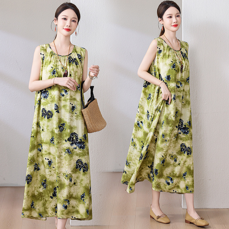 Summer Cotton Silk Cheongsam Nightgown, Elegant Retro Women's Sleeveless Wearable Dress, Thin Long New Chinese Style Skirt