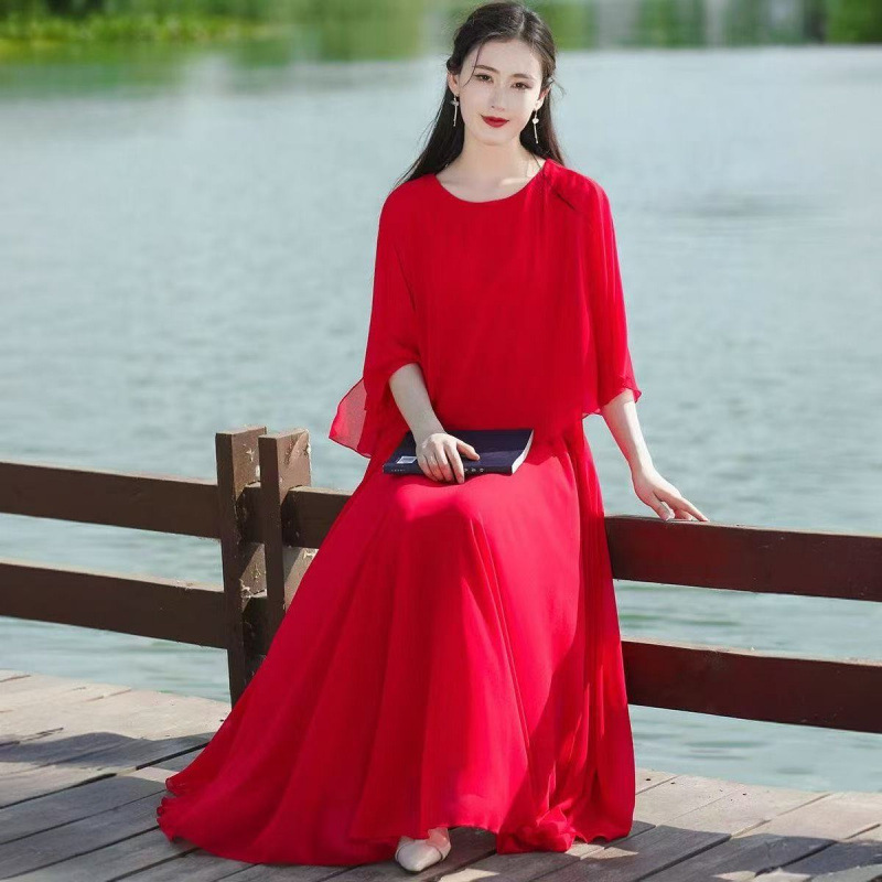 国风飘逸长裙气质古典美连衣裙遮肉显瘦大摆跳舞裙披肩禅意茶服…