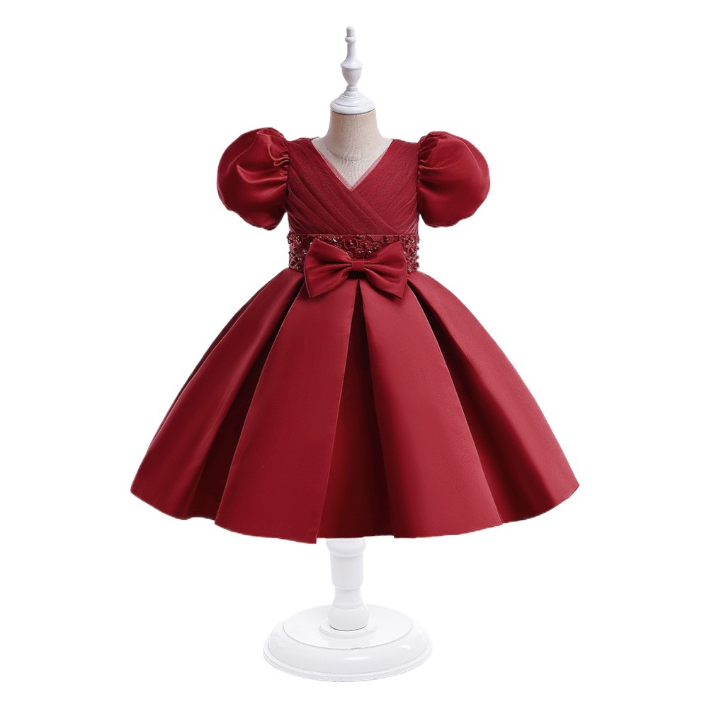 Nuevo vestido de princesa para niños transfronterizos Vestido de manga de soplo vestido de niña de desfile de arco grande en stock