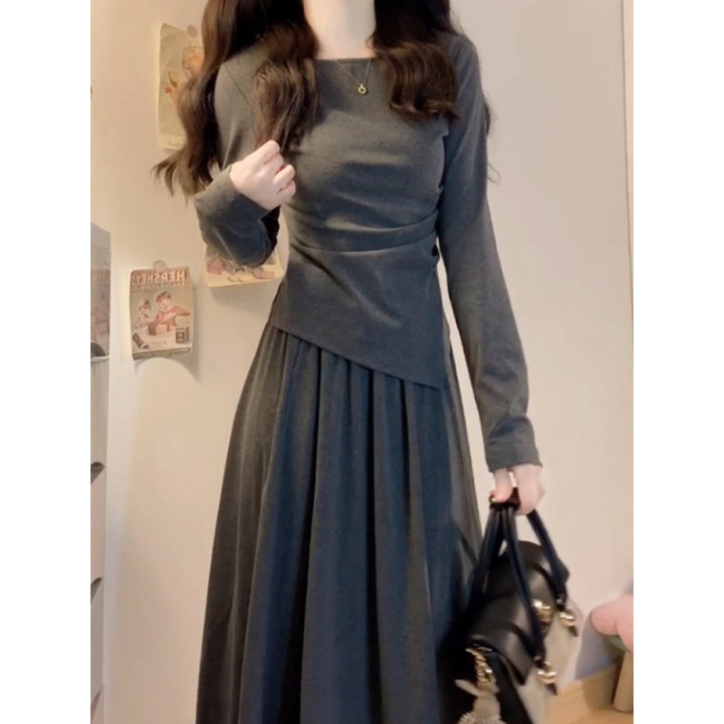 Gray Dress for Little Rich Daughter with Noble Style, Women's Spring New Waist Slimming Long Dress