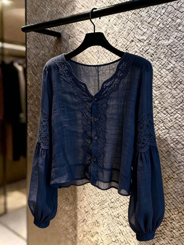 Navy Blue Lace Patchwork Lantern Sleeve Cardigan for Women, 2026 Summer New Design, Stylish V-Neck Versatile Top Navy Blue Lace Patchwork Lantern Sleeve Cardigan for Women, 2026 Summer New Design, Stylish V-Neck Versatile Top