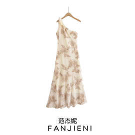 ZR外贸批发 欧美风女装 时尚大提花斜肩系蝴蝶结收腰包臀连衣长裙