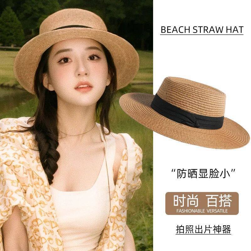 French-Style Flat-Top Straw Hat for Women, Beach Hat, Trendy Sun Hat, Straw Sun Protection Hat for Women, Summer Photo Shoot Hat
