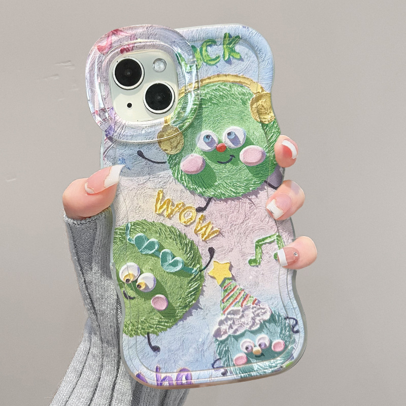Oil painting green fur ball for Apple 16 mobile phone case Huawei mate60pro double bracket 15 cute 14/13 women Oil painting green fur ball for Apple 16 mobile phone case Huawei mate60pro double bracket 15 cute 14/13 women