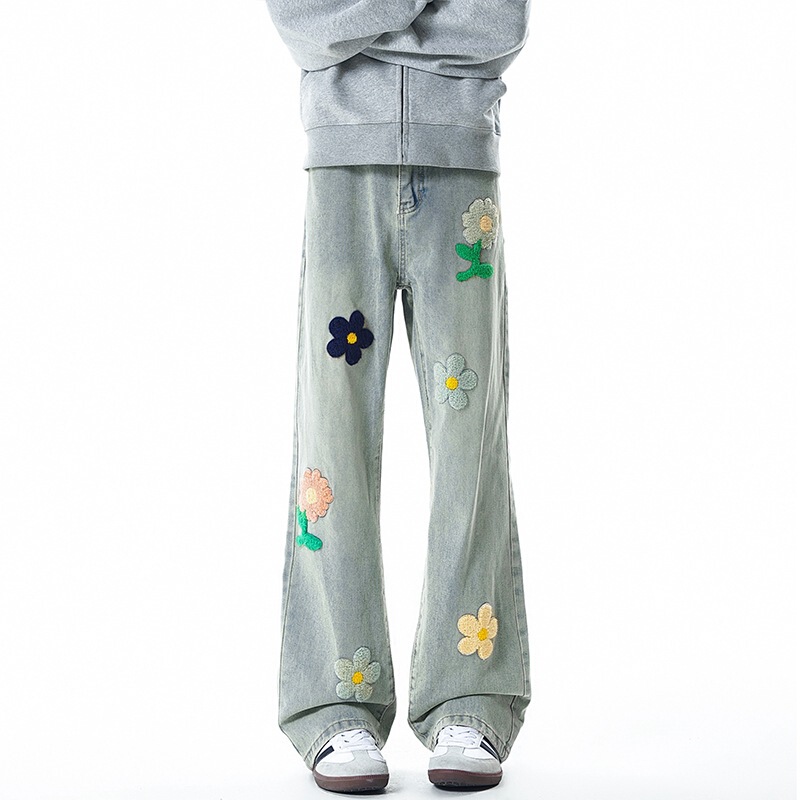 American High Street Style Floral Embroidered Jeans for Men, Spring and Autumn Cleanfit Pants, Trendy Brand with a High-End Feel, Straight-Leg Flared Pants