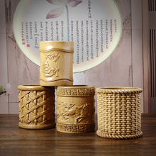 新款复古浮雕雕刻笔筒高档古风办公桌创意毛笔筒收纳桶竹制品圆筒