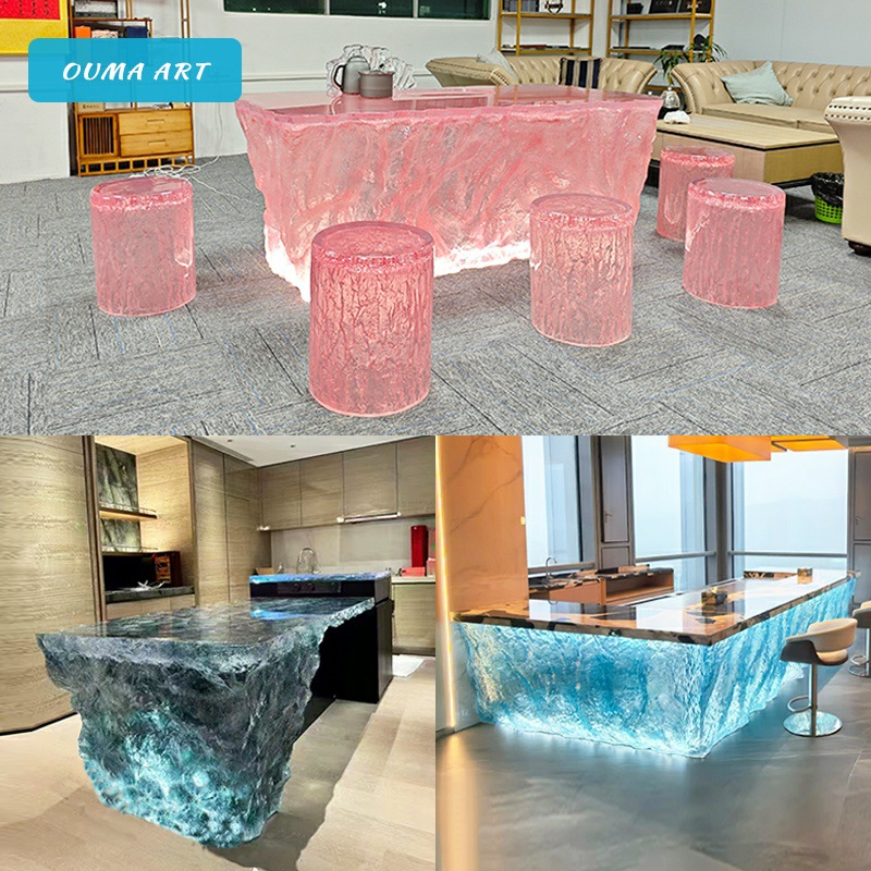 感岛台水晶树脂家用艺术桌透明酒吧所会餐桌冰川发光吧台轻奢