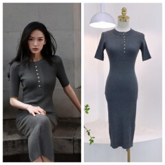 8011气质女人味通勤连衣裙秋季新款圆领半开胸排扣收腰显瘦包臀裙