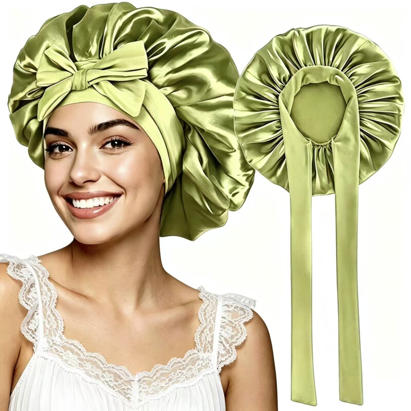 Amazon Cross-Border Wide-Brimmed Elastic Ribbon Hat, Imitation Silk Bow Hair Care Shower Cap, Foreign Trade Satin Sleep Cap