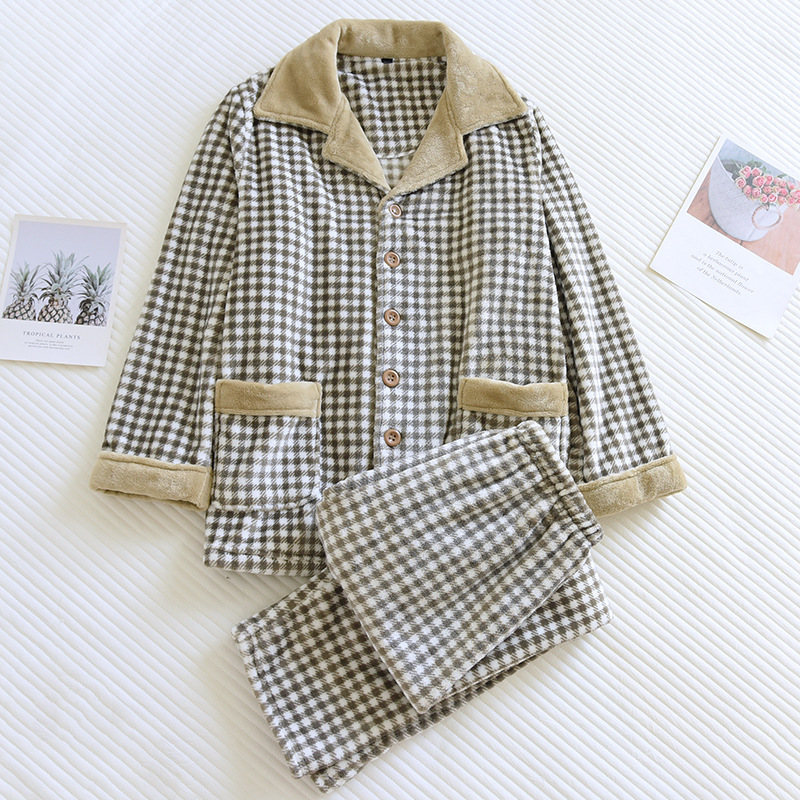 Fleece-Lined Flannel Men's Pajamas Autumn and Winter Thickened Lapel Set Coral Fleece Loungewear Loose Casual Plus Size