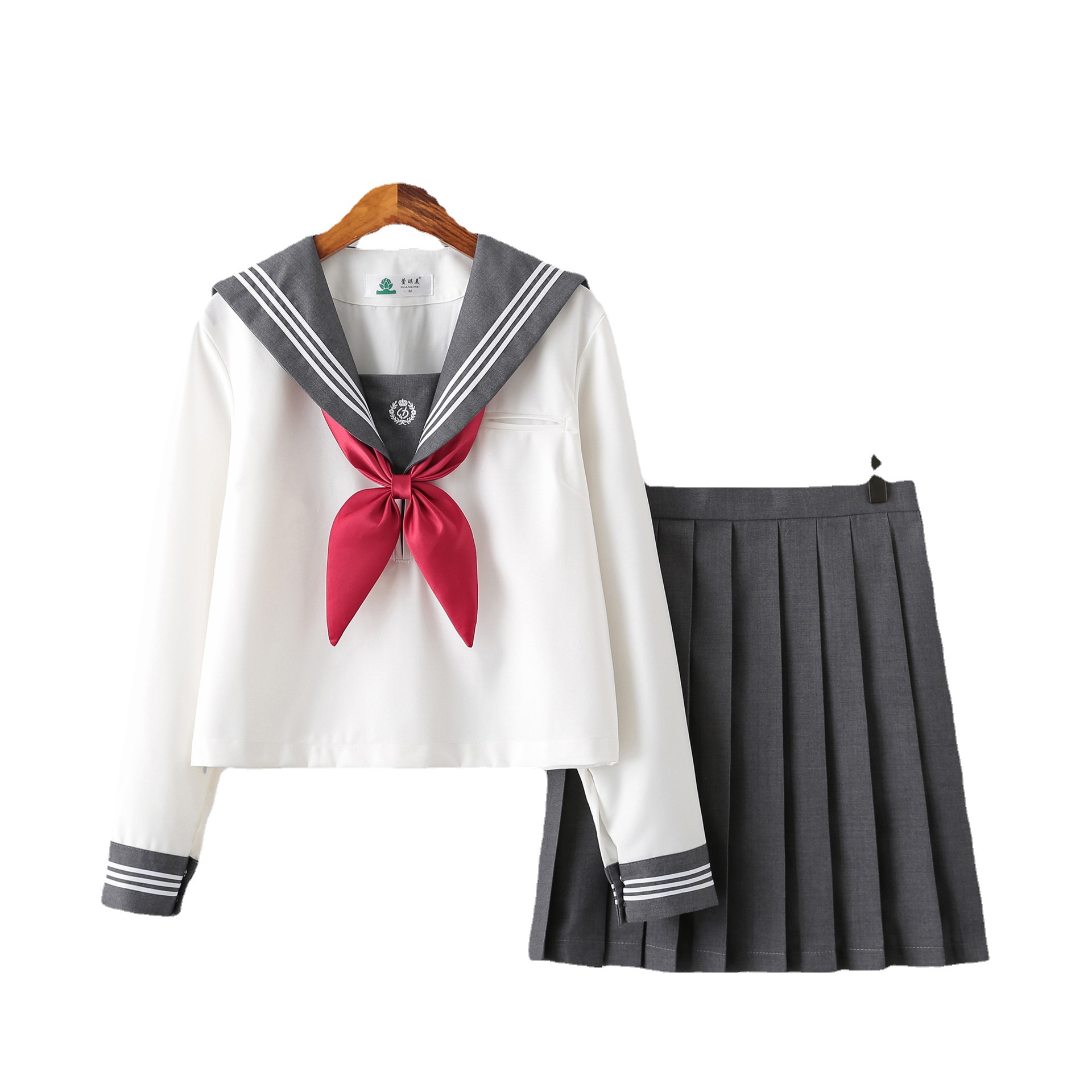 진짜 회색 세 선원 세트 일본 JK 유니폼 짧은 치마 대학 스타일 학생 교복 중간 세트 긴 소매 세트