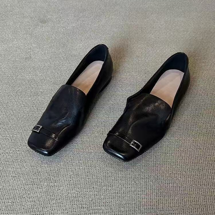 现货~复古英伦风真皮方头一脚蹬乐福鞋女设计感小众平底小皮鞋|undefined