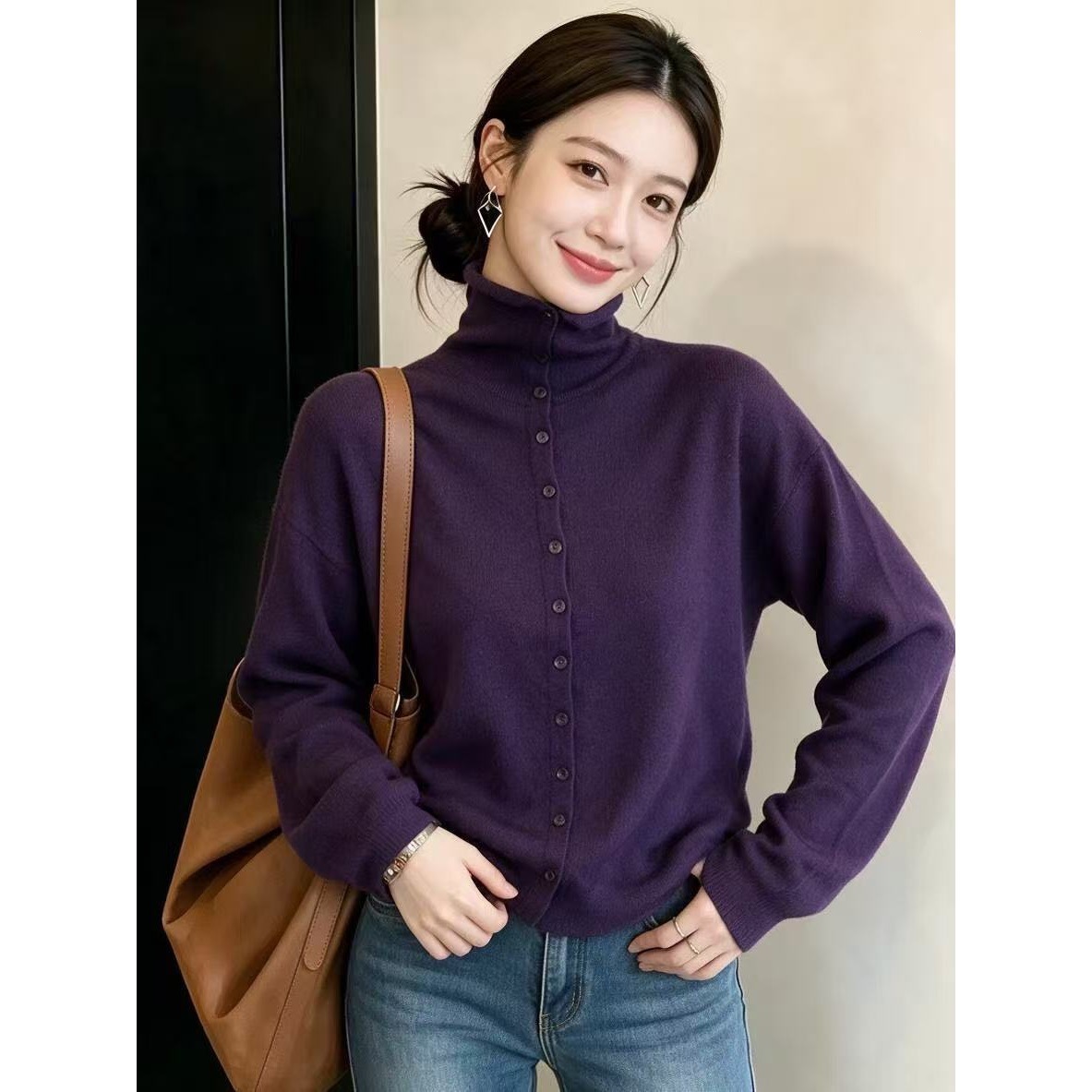 秋冬极简高领排扣针织毛衣女显瘦长袖紫色高级感内搭上衣