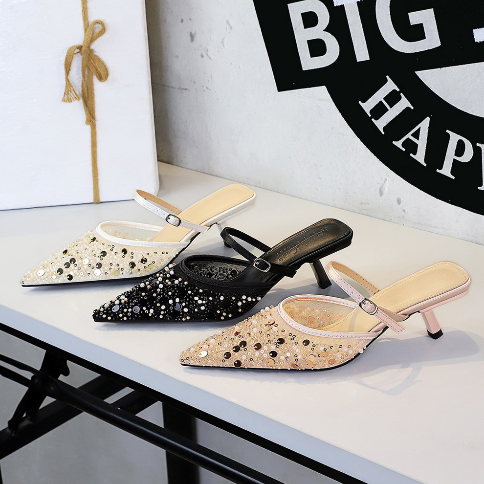 Fashionable Mesh Sequin Pointed Toe Women's Slippers Thin Heel_voghion.com
