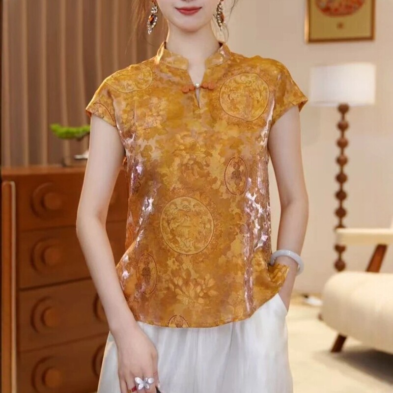 2026 Summer New Style Chinese-Style Jacquard Short-Sleeve T-Shirt for Women, Cheongsam Collar, National Style, Fashionable, Slimming Top, Ginger Yellow