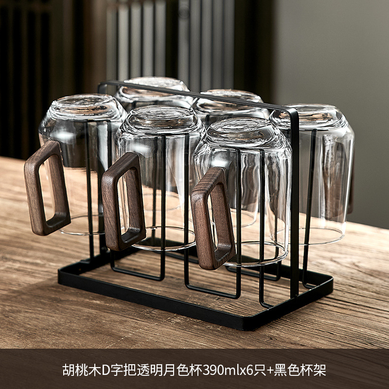 [월넛 D자형 손잡이] 투명달빛컵 390ML/6개 + 컵홀더
