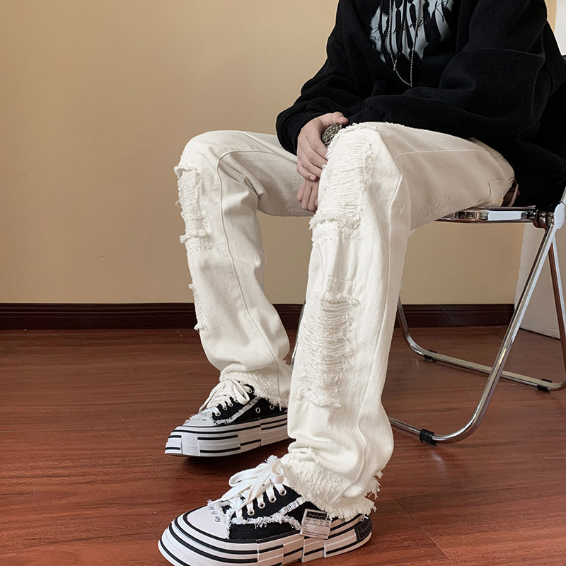 White Pants Men's Niche Design Sense American High Street Hip Hop Fake Ripped Jeans Men's Slim-fit Straight Pants