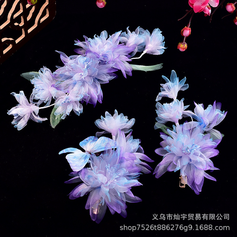 Gradient purple pair of handmade juanyuan yarn hot stamping antique hairpin peony peony Chinese clothing side clip headdress Tang style flower Gradient purple pair of handmade juanyuan yarn hot stamping antique hairpin peony peony Chinese clothing side clip headdress Tang style flower