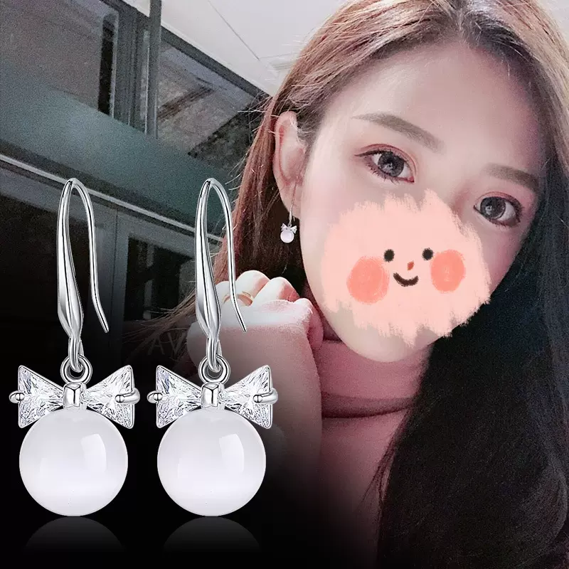 爆款韩国镶钻领结猫眼石简约耳钩气质长款耳坠时尚小巧饰品防过敏