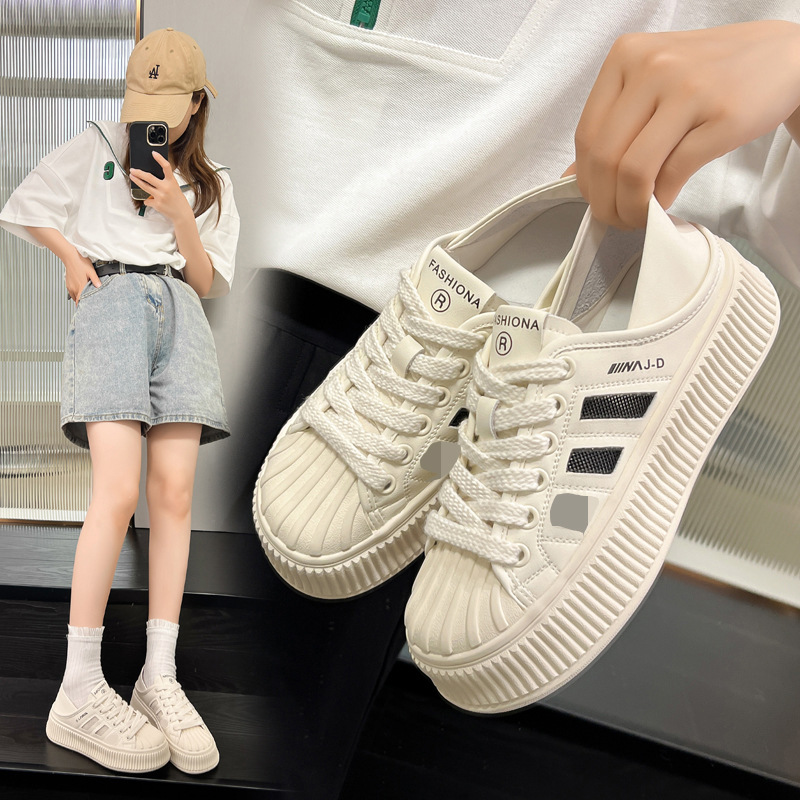 Popular White Sneakers for Women 2026 Spring/Summer Genuine Leather Casual Sports Sneakers Dropshipping Thick-Soled Two-Way Wear Women's Shoes Biscuit