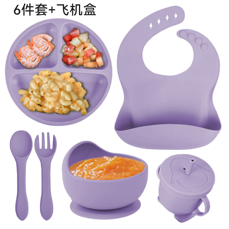 Púrpura juego de seis piezas (590g) babero pequeño ventosa tazón silicona tenedor cuchara