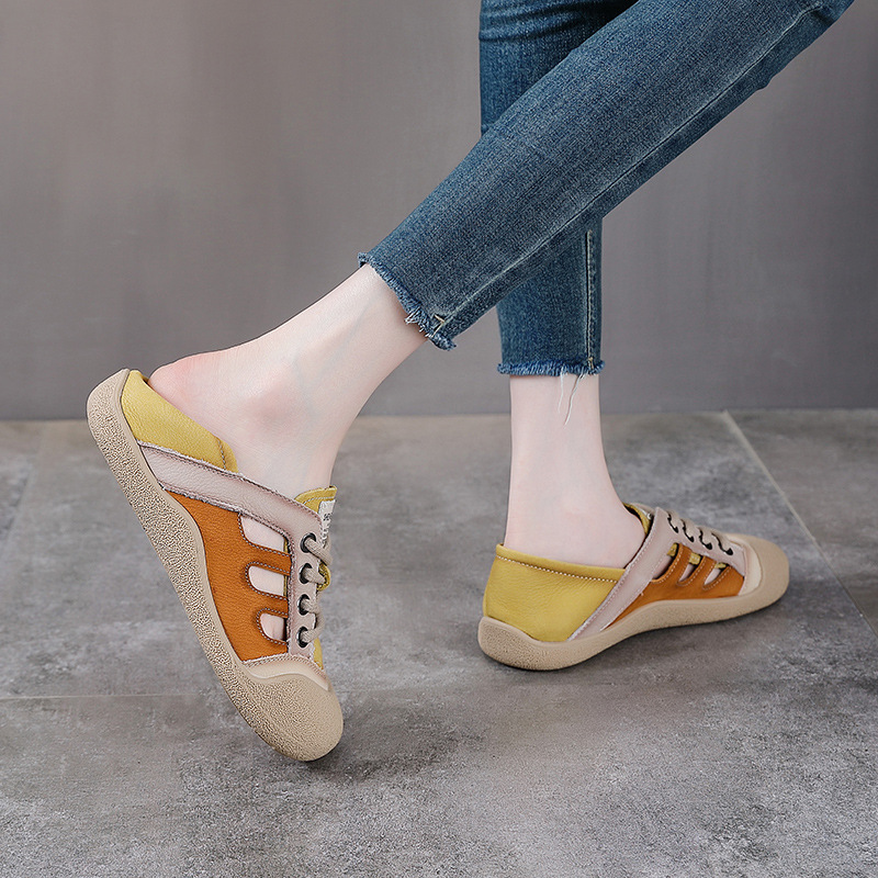 Giày sneaker nữ da bò retro đế bằng phong cách thể thao — màu hồng