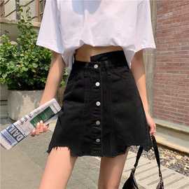 夏季高腰显瘦黑色排扣牛仔短裙女半身裙女潮流短裙2022韩版a字裙