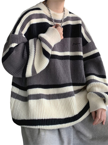 Oversize Relaxed Retro Striped Sweater for Men - Autumn/Winter Knitwear, Loose Men's Outerwear with Thickening