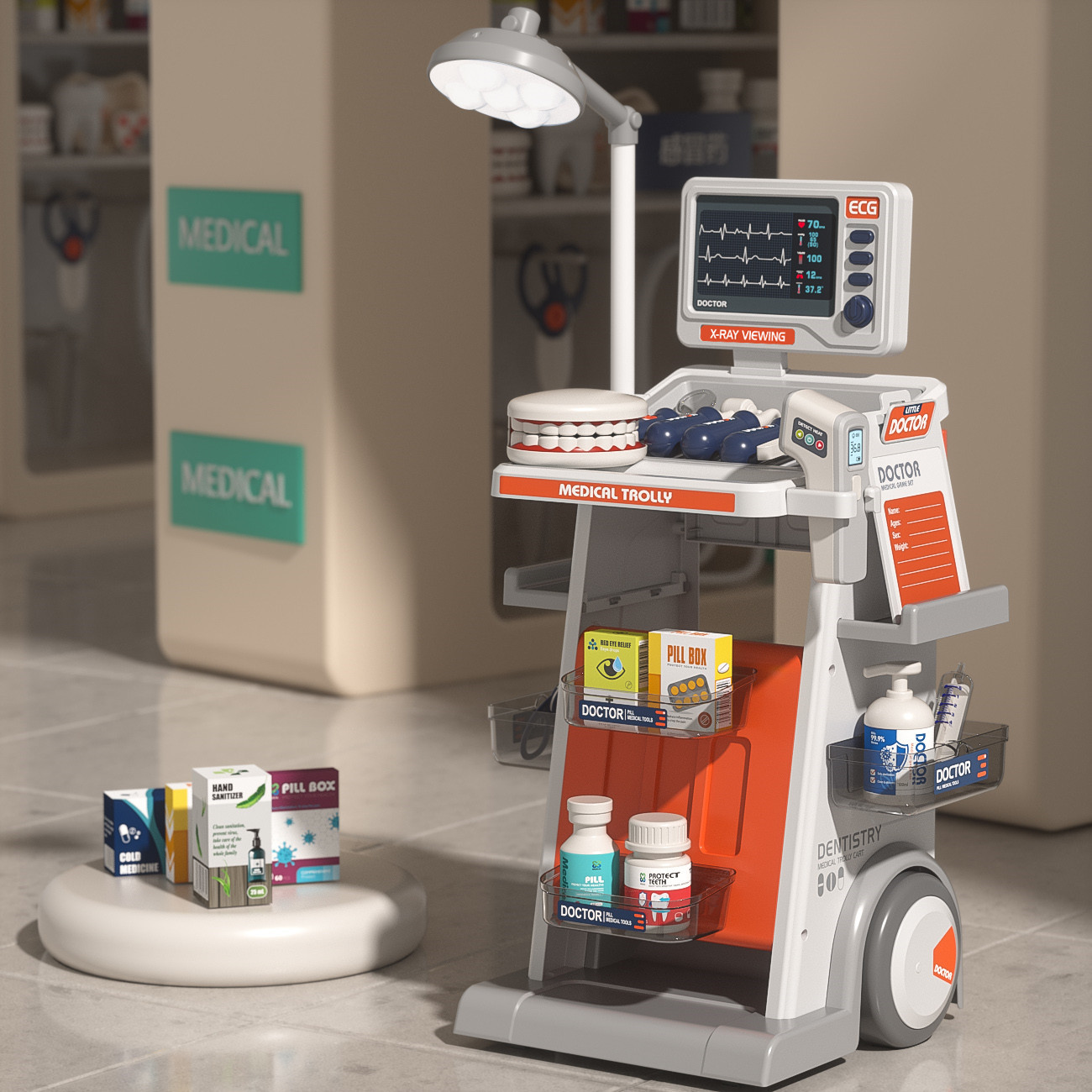 Estetoscopio de electrocardiograma de simulación transfronteriza, mesa médica, conjunto de inyección dental, vehículo médico, médico para jugar