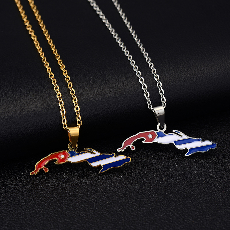 Vintage Öltropfen Kubanische Republik Karte Anhänger Halskette Mode Edelstahl Damen Schlüsselbein Kette_voghion.com