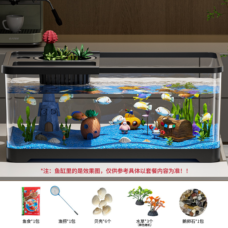 Acuario de peces sala de estar acuario ecológico doméstico pequeño conjunto completo de escritorio paisajismo acuario de peces de oro de oficina de alta definición transparente cormorano