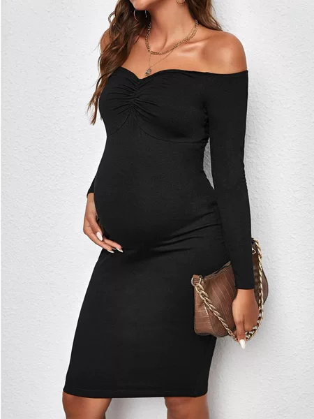 Foreign Trade Cross-Border Maternity Wear Off-The-Shoulder Pleated Long-Sleeved Dress for Pregnant Women