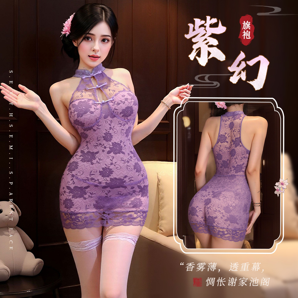 섹시한 속옷, 섹시한 슬림 레이스 드레스, 슬림핏 힙 스커트, 타이트한 시스루 치파오, 홈웨어, 여성용 잠옷