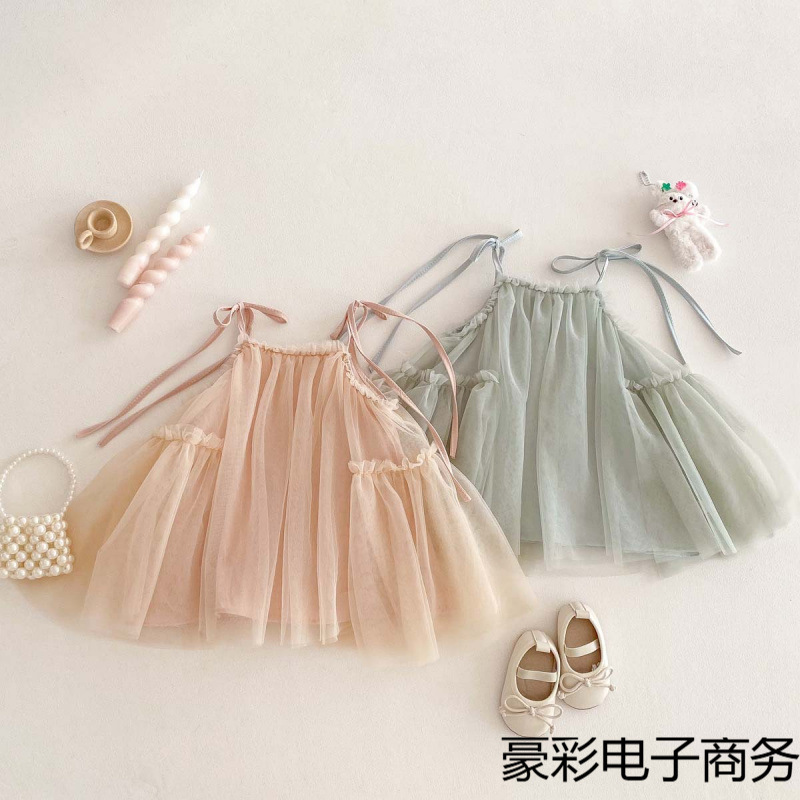 韓国スタイルの女の子サスペンダーメッシュスカート夏の新しい幼児ベビー甘いリボンプリンセスドレス|undefined