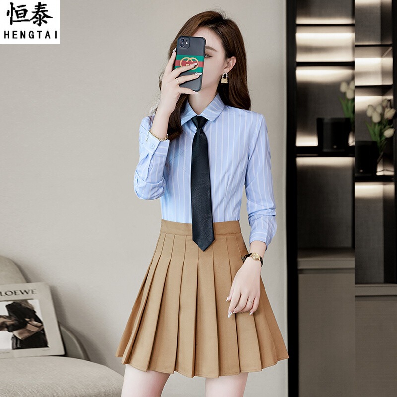 Striped shirt pleated skirt suit women's spring and autumn professional shirt billiard room Billiard Club waiter overalls