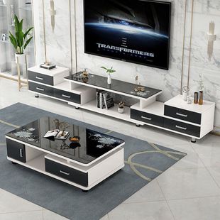 Tempered Glass Retractable Tv Cabinet Coffee Table Combination Set Simple European Style Small Apartment Living Room Tv Cabinet Supply