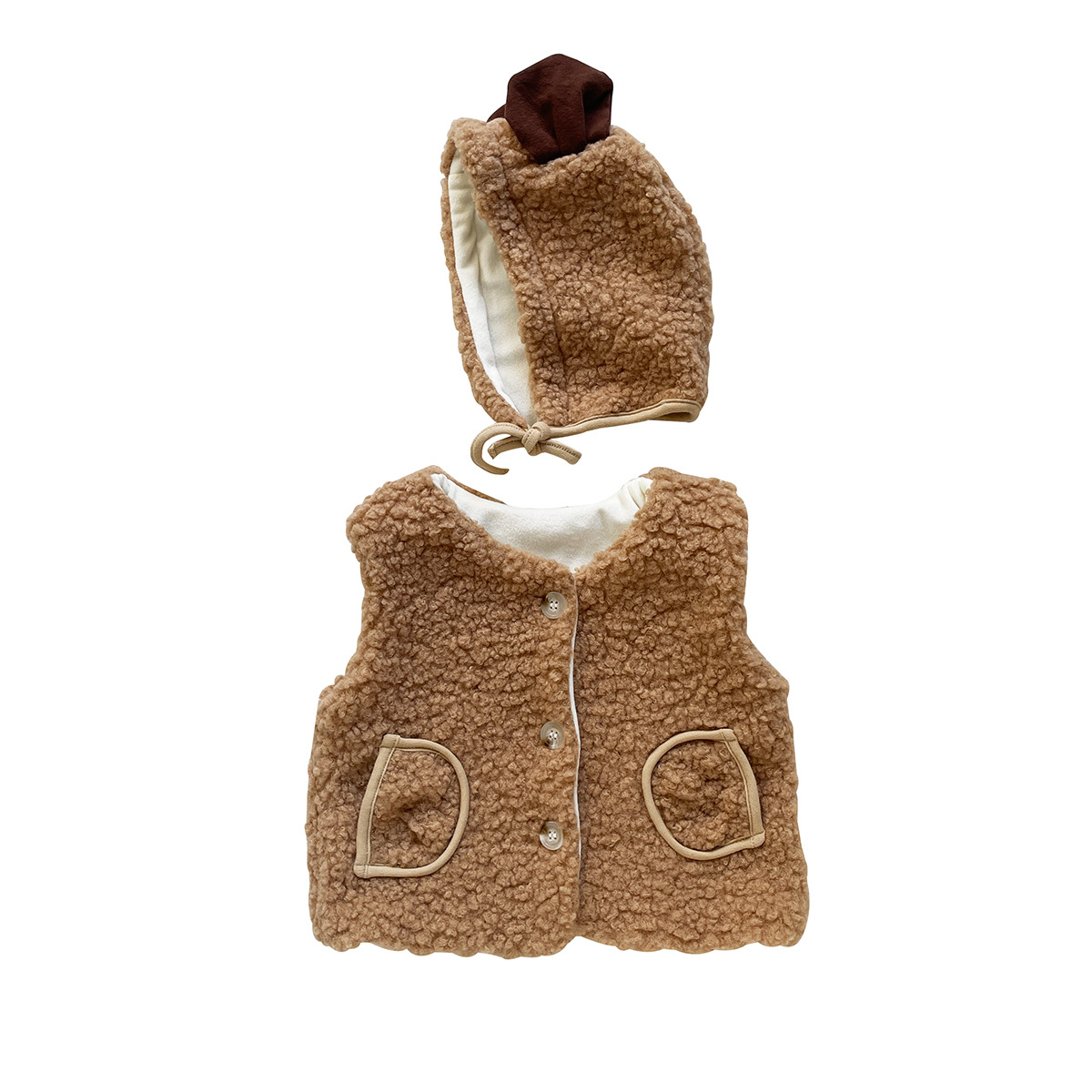 Bebé Otoño e Invierno engrosada lana de cordero sin mangas chaleco Corea del Sur bebé oso bordado chaleco pequeño abrigo con sombrero para libre