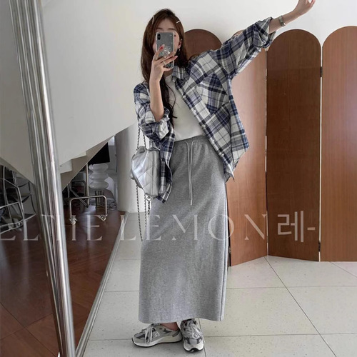 Gray High-waisted Straight-leg Casual Skirt Women's Spring and Autumn New Korean-style Hip-covering Slimming Split Lazy Mid-length Skirt