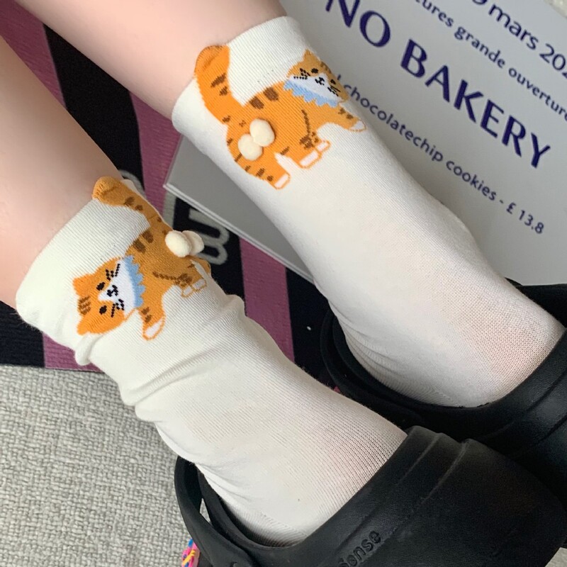 捣蛋猫猫蛋蛋袜子女ins卡通可爱搞怪立体猫咪中筒袜毛球小猫女袜|undefined